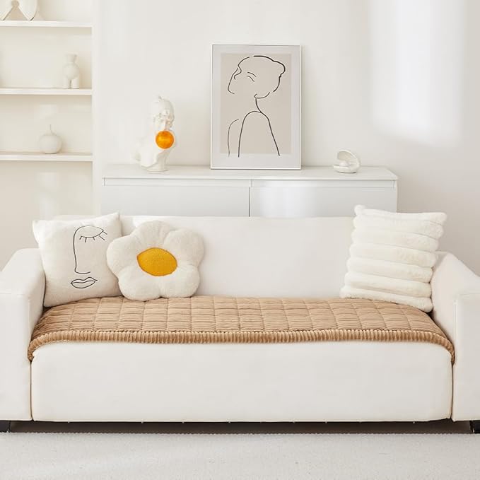 Couch Cover for Dogs Washable, Fuzzy Pet Couch Covers for 3 Cushion Sofa Pet Friendly, Non Slip Sofa Cover (Light Brown, 27.6" x 59"/70 x 150cm)