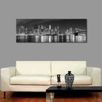 Wieco Art New York Manhattan Night View in Black and White Giclee Canvas Prints Modern Stretched and Framed Art work Cityscape Pictures Paintings on Canvas Wall Art for Bedroom Home Decorations