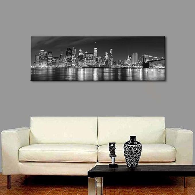 Wieco Art New York Manhattan Night View in Black and White Giclee Canvas Prints Modern Stretched and Framed Art work Cityscape Pictures Paintings on Canvas Wall Art for Bedroom Home Decorations
