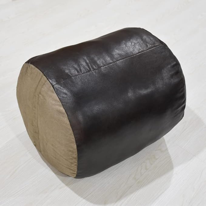 Round Shaped Goat Leather Handmade Eco-Friendly Chocolate Brown Pouf - 18" x 18" x 18", Plain Solid, Recycled Cotton Filled Stuffed, PF12