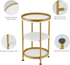 Dulcii Round Side Table with Storage Tray for Living Room, 15" L x 15" W x 24" H Bedroom Nightstand 3 Tiers Bedside Table with Steel Frame for Small Spaces (White & Gold)