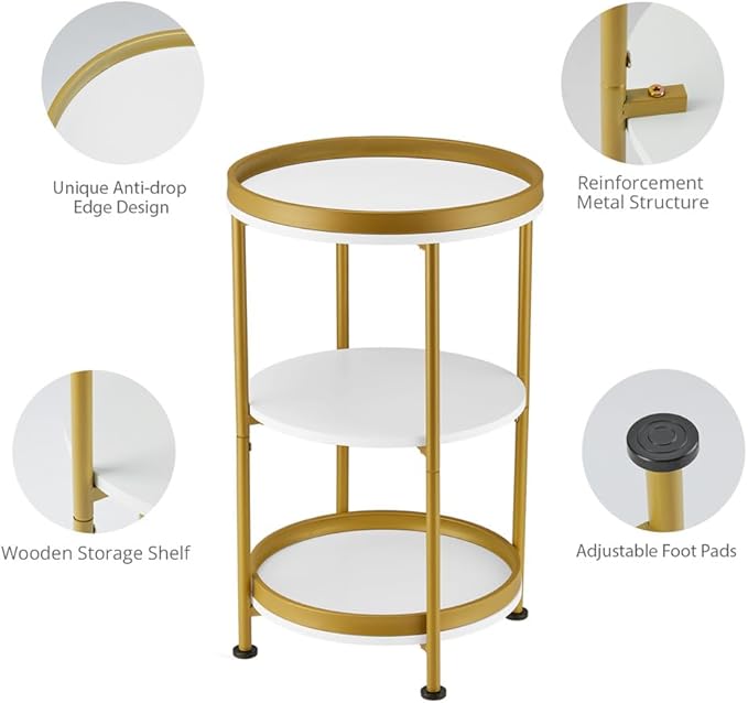 Dulcii Round Side Table with Storage Tray for Living Room, 15" L x 15" W x 24" H Bedroom Nightstand 3 Tiers Bedside Table with Steel Frame for Small Spaces (White & Gold)