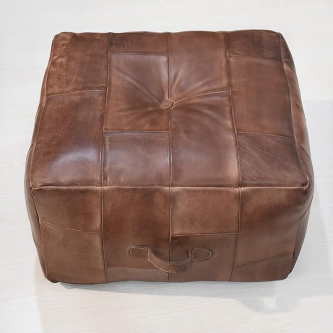 Square Shaped Buffalo Leather Handmade Eco-Friendly Brown Pouf - Square Pouf, 21"x21"x12", Plain Solid Pouf, Buffalo Leather Pouf, Recycled foam with fibre Filled Stuffed Pouf, Seating Pouf PF25