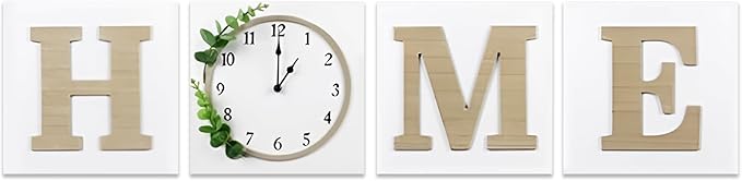 Young's Inc Wood Block Home Wall Clock and Sign, Wall Art for Living Room Decor, Farmhouse, Wall Decor, Battery Operated Clock, Set of 4