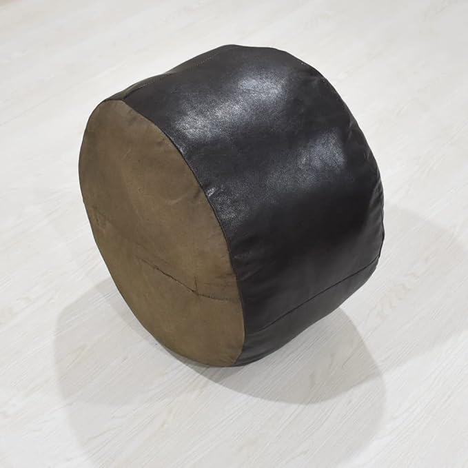 PF12 Round Shaped Goat Leather Handmade Eco-Friendly Chocolate Brown Pouf - 21" x 21" x 12", Plain Solid, Recycled Cotton Filled