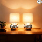 Set of 2 Small Silver Spherical Base Bedside Table Lamp with Textured Linen Shade (Bulb Included)