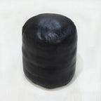 Round Shaped Goat Leather Handmade Eco-Friendly Black Pouf - 16"x16"x16", Plain Solid, Recycled Foam With Fibre Fill Stuffed, Leather Seating PF12