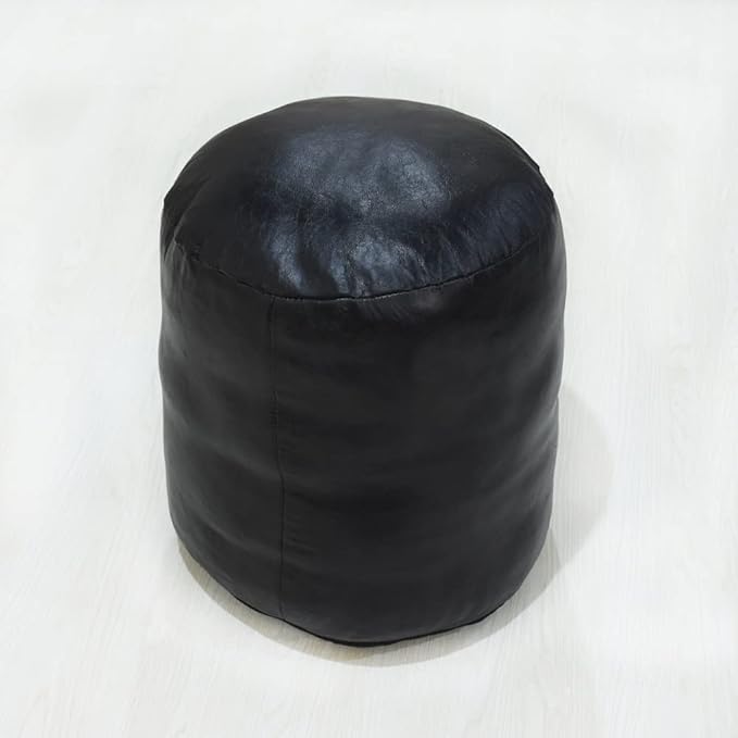 Round Shaped Goat Leather Handmade Eco-Friendly Black Pouf - 16"x16"x16", Plain Solid, Recycled Foam With Fibre Fill Stuffed, Leather Seating PF12