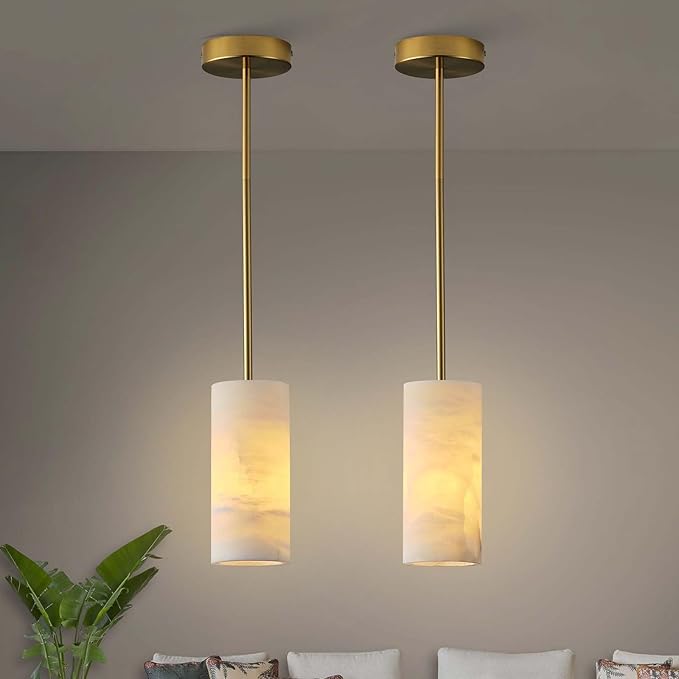 Alabaster Pendant Light Kitchen Island, H-9.5in Brass Pendant Light Fixtures with Natural Marble Shade, Adjustable Ceiling Pendant for Dining Room, Living Room, Bedroom & Bathroom