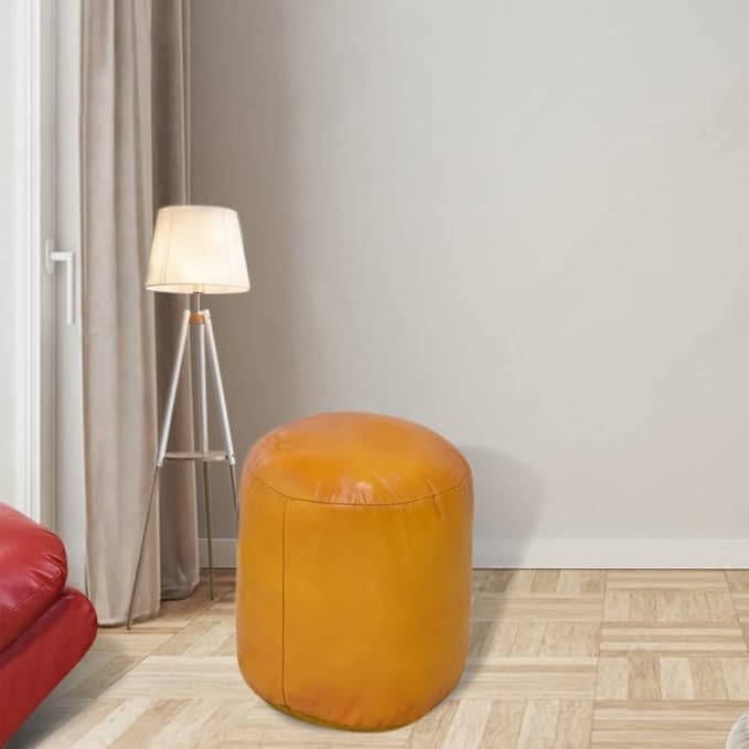 PF12 Goat Leather Handmade Eco-Friendly Mustard Pouf - 14" x 14" x 14", Solid Pouf, Recycled Foam with Fibre Fill Stuffed