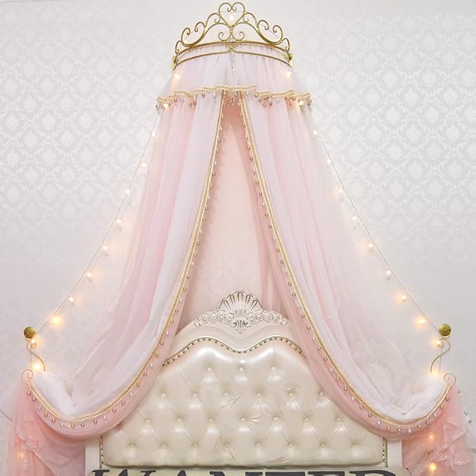 Girl Bed Curtain Princess Crown Mosquito Netting Children Room Decor Bedside Yarn Net Romantic Princess Tents Bed Canopy Valance (Light Pink)