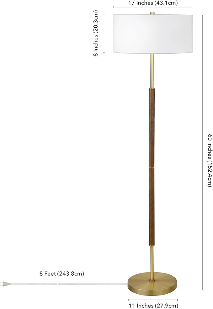 Henn&Hart 2-Light Floor Lamp with Fabric Shade in Rustic Oak/Brass/White, Floor Lamp for Home Office, Bedroom, Living Room