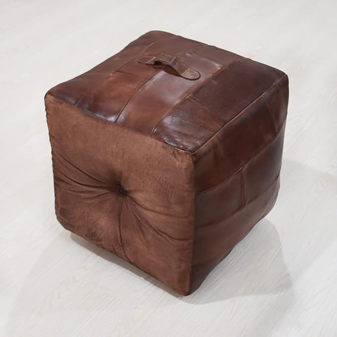 Square Shaped Buffalo Leather Handmade Eco-Friendly Brown Pouf - Square Pouf, 18"x18"x18", Plain Solid Pouf, Buffalo Leather Pouf, Recycled foam with fibre Filled Stuffed Pouf, Seating Pouf PF25