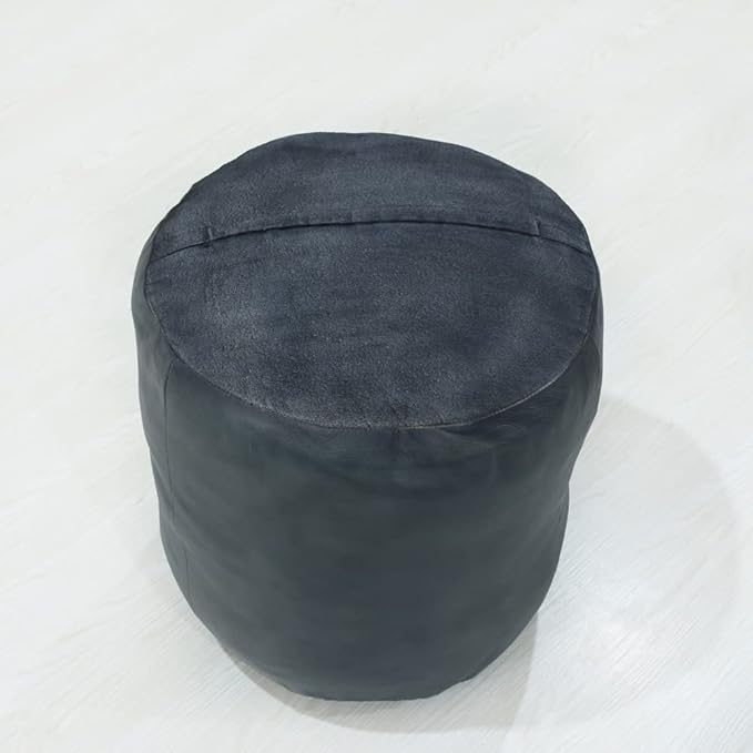 Round Shaped Goat Leather Handmade Eco-Friendly Gray Pouf - 18" x 18" x 18", Plain Solid, Recycled Cotton Filled Stuffed Leather Seating PF12