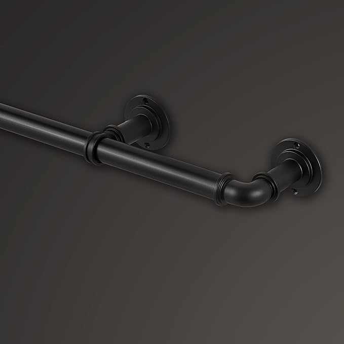 MODE Industrial Room Darkening Collection 1 1/8” diameter Industrial Curtain Rod Set with Steel Wall Mounted Expandable Curtain Rod, Blocks Light, Fits 36” to 72” Windows, Matte Black