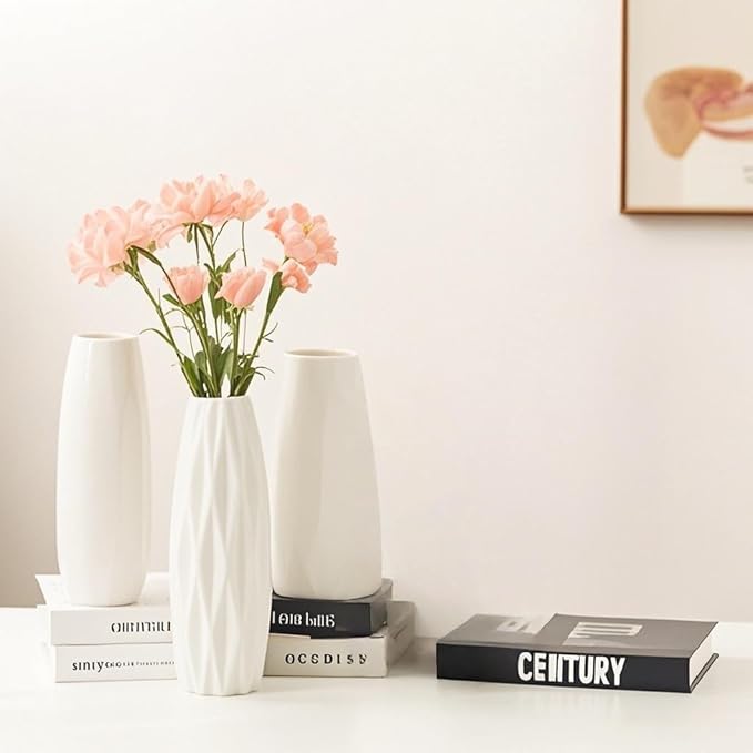 White Ceramic Vases, Table Decor for Living Home,Room,Dining Table, Office Decor.Hydroponic Flowers,Farmhouse Vase for Home Decor,Small Flower Vases,Vase Home Decor, Small Vase of Pampas Decor