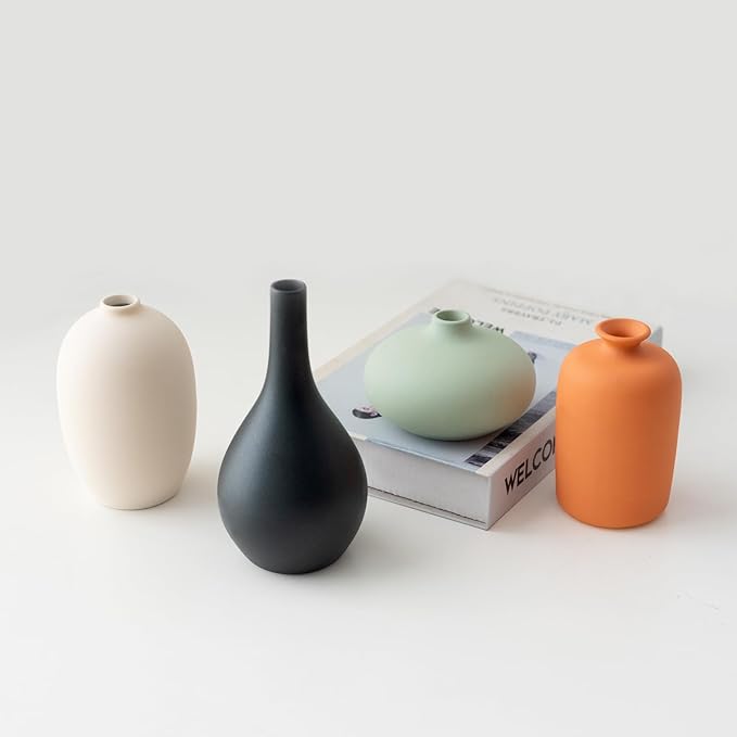 YAOBAAOX Set of 4 Small Matte Ceramic Vases - Modern & Bohemian Decor for Home, Office, Shelve, Living Room Table, Mantel, Bedroom, Entryway, Rustic Farmhouse Decorative Vases & More（Hademade