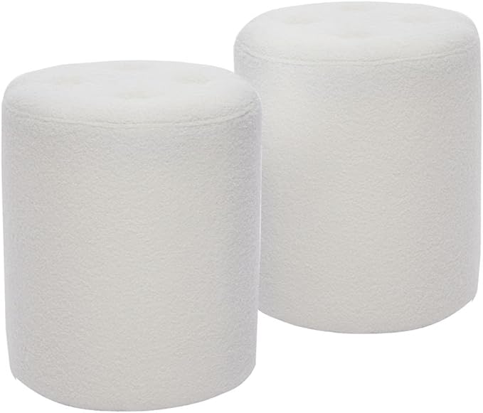Modern Round Ottoman 2Pcs, Classic Foot Stool Ottoman, Teddy Fleece Upholstered Vanity Stool for Makeup, Bedroom, Living Room, White