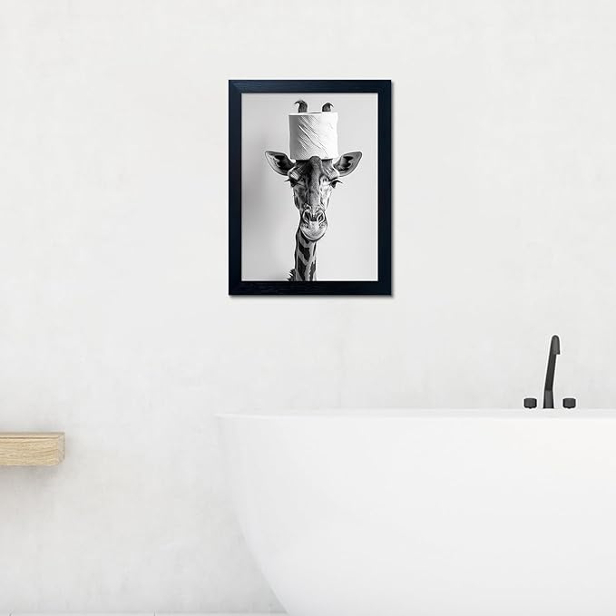 Framed Funny Bathroom Wall Art, Giraffe with a Toilet Paper Roll on Head Decor, Black and White Bathroom Pictures Wall Decor, Humor Animal Canvas Print Artwork