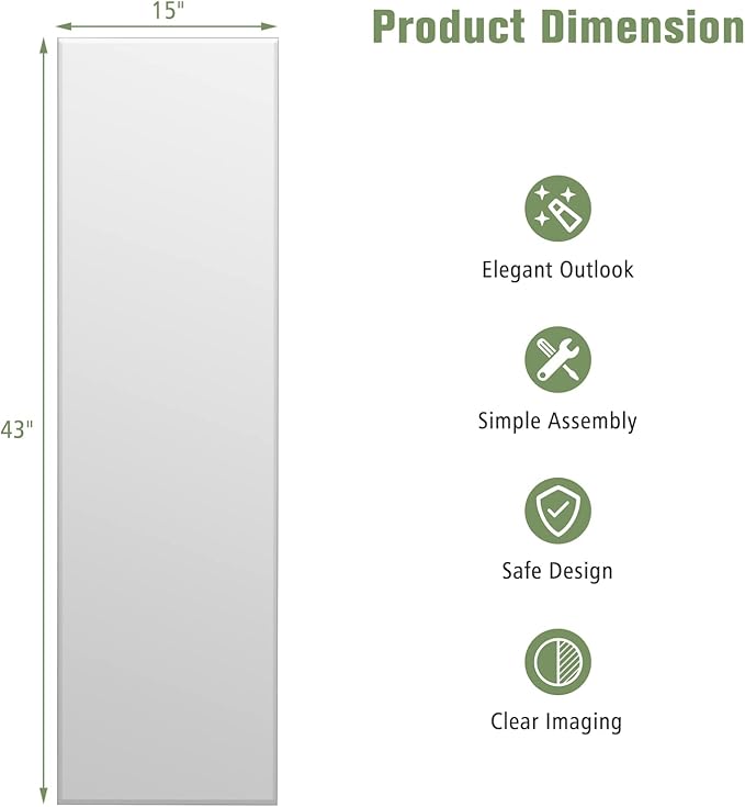 GOFLAME Frameless Wall Mirror, Full Length Rectangle Mirror with Beveled Edge, Wall Mounted Dressing Mirror for Living Room, Bedroom, Vanity Room, Silver