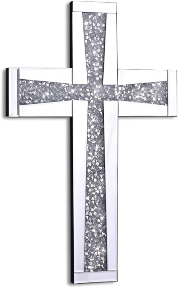 Aeveco Silver Mirrored Wall Cross 20×13 inch, Crystal Crush Diamond Cross for Wall, Living Room, Bedroom, Home Decor
