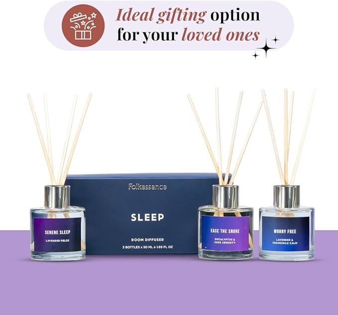 Folkulture Reed Diffusers for Home, Set of 3-5 oz | Sleep Diffuser Oil with Sticks for Bathroom Decor Accessories, Living Room, Office, Desk| Natural Essential Oils | Housewarming Gifts | Lavender