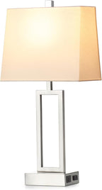 Touch Control Table Lamps for Living Room, 3-Way Dimmable Modern Table Lamp with USB A+C Charging Ports & AC Outlets, Bedside Contemporary Nightstand Desk Lamps with Fabric White Shade for Bedrooms