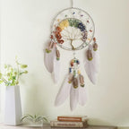 7 Chakras Tree of Life Dream Catcher Wall Decor with Rainbow Healing Crystal Stone Handmade Gray Feather DreamCatchers Wall Hanging Ornaments for Bedroom Home Decor Blessing Gift Wedding Party-23.6"