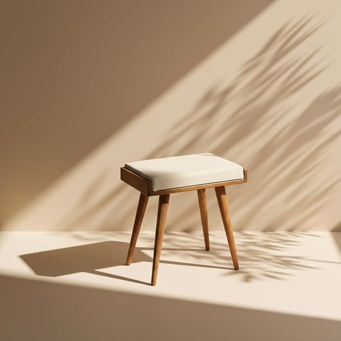 Walnut Ottoman Stool for Living Room | Upholstered in Cream Pattern Fabric | Versatile as a Piano Bench | Ideal Bedroom Bench | Functional Footstool Bench