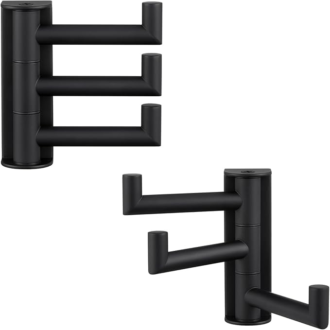 Angle Simple Swivel Towel Hooks for Bathroom, SUS 304 Stainless Steel Foldable 3 Arms Robe Towel Holder, Shower Wall Coat Hooks, Matte Black, 2 Pack