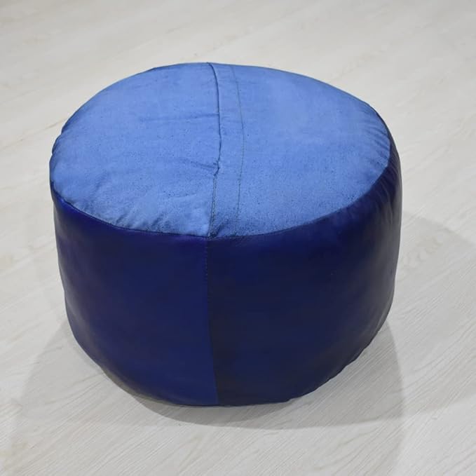 Round Shaped Goat Leather Handmade Eco-Friendly Blue Pouf - Round Shape Pouf, 14" x 14"x 14", Plain Solid Pouf, Goat Leather Pouf, Recycled Cotton Filled Stuffed Pouf, Leather Seating Pouf PF12