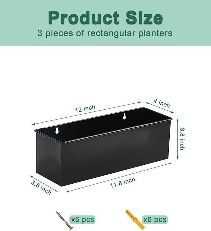 vensovo Metal Wall Hanging Planter Boxes – 12" Rectangle Flower Pots, 3 Pack with Drainage, Durable Galvanized Finish for Indoor Outdoor Balcony Fence Windowsill, Black