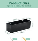 vensovo Metal Wall Hanging Planter Boxes – 12" Rectangle Flower Pots, 3 Pack with Drainage, Durable Galvanized Finish for Indoor Outdoor Balcony Fence Windowsill, Black