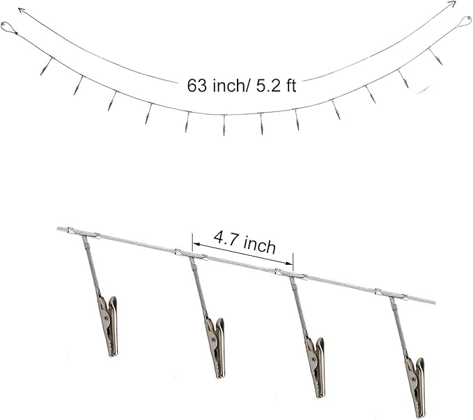 Multi-Purpose Steel Wall Hanging Photo Display Cable Wire Rod String with 12 Clips for Hanging Photos Notes and Artworks (Alligator clip)