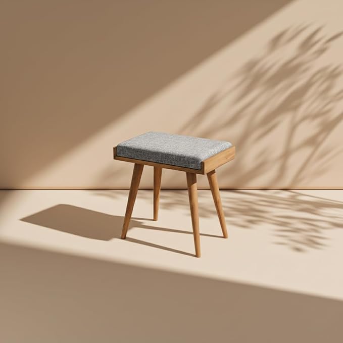 Walnut Ottoman Stool for Living Room | Upholstered in Gray Pattern Fabric | Versatile as a Piano Bench | Ideal Bedroom Bench | Functional Footstool Bench
