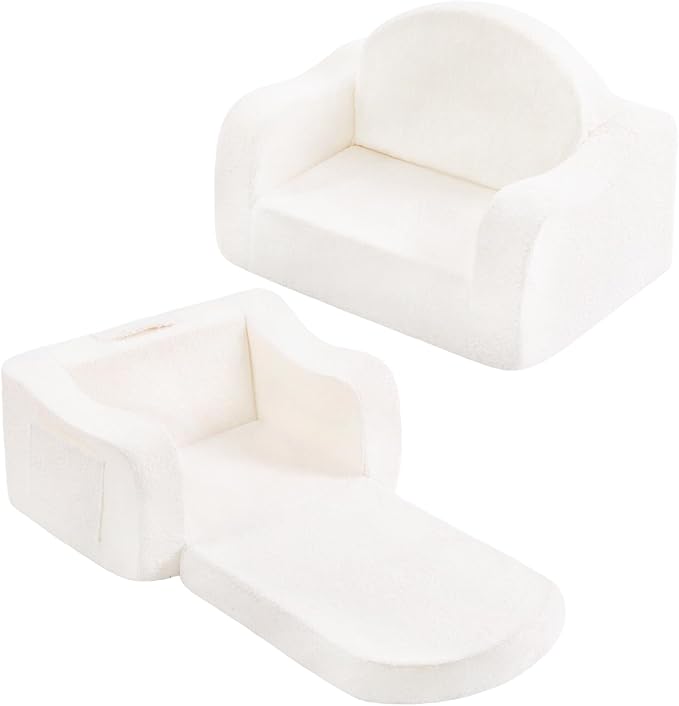Welnow 2-in-1 Kids Sofa Chair, Convertible Toddler Chair Flip Out Children Sofa Chair with Wave Armrests Folding Kids Play Sofa with Side Pockets & Removable Cover Armchair for Girl or Boy
