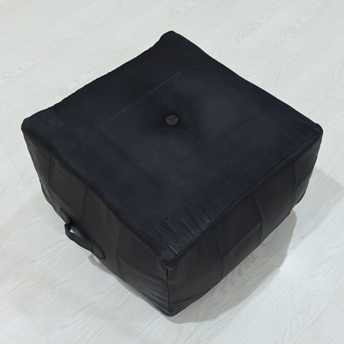 Square Shaped Buffalo Leather Handmade Eco-Friendly Black Pouf - Square Pouf, 21" x 21" x 12", Geometric Pouf, Buffalo Leather Pouf, Recycled Foam with Fibre Fill Stuffed Pouf, Seating Pouf PF25