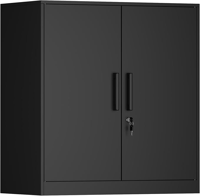 Metal Wall Cabinet,Garage Wall Cabinetwith Handle,Lockable Storage Cabinets Wall Mounted with 2 Doors,Locking Cabinet with Shelves for Basement,Living Home,Black