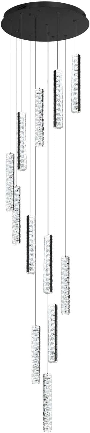 Long Spiral Crystal Chandelier Lighting for Foyer 12-Light Black Staircase Chandelier High Ceiling Slopped LED Dimmable 2700K-6000K