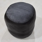 PF12 Goat Leather Handmade Eco-Friendly Black Pouf - Round Shape, 18" x 18" x 18", Plain Solid, Recycled Cotton Filled
