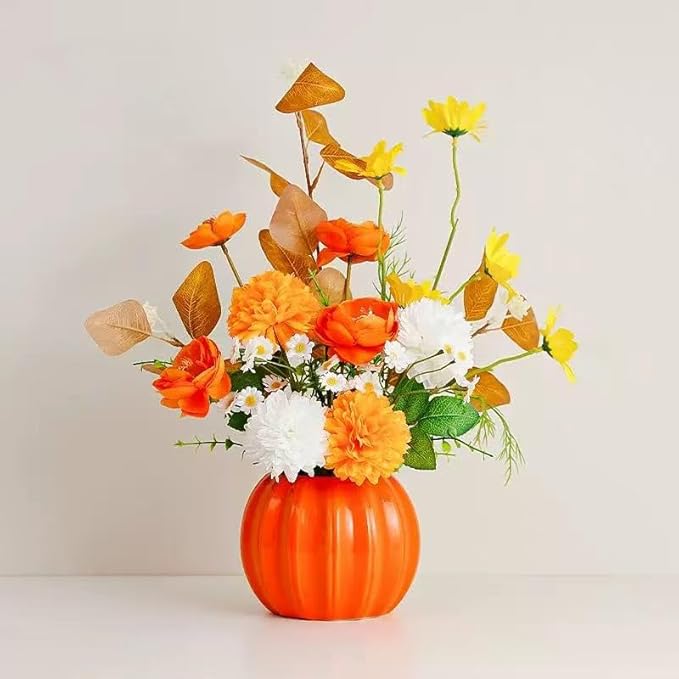 Artificial Flowers, Fake Flowers in Vase, Silk Flowers with Ceramic Vase, Faux Flowers Arrangement for Homes, Restaurants Decoration Dining Table Centerpiece Decor (Orange)
