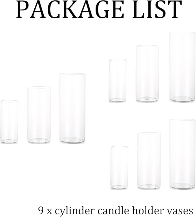 Glass Hurricane Candle Holder Esmiome - Cylinder Vases for Centerpieces 3 Sets (9Pcs) Hurricane Floating Candle Holder, Glass Vases for Flowers, Decorative for Home Wedding, 6'' + 8'' +10''(High)