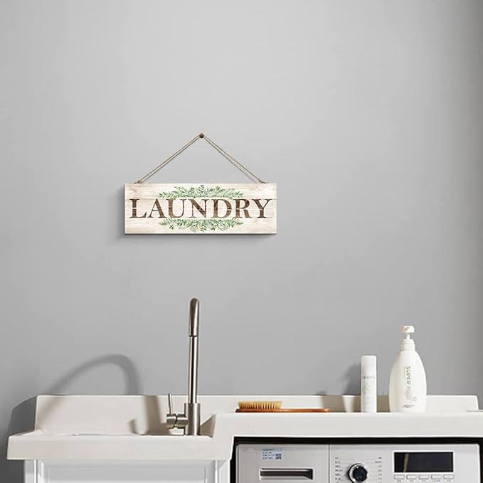 Laundry Sign Wall Decor, Kitchen Wall Art with Plant Print, Rustic Farmhouse Wall Hanging Plaque Home Kitchen Decorative (Laundry), 4.7 x 13.7 inches