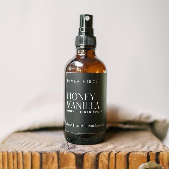 River Birch Luxury Linen and Room Spray - Home Signature Scent Honey Vanilla Room Fragrance Spray - Fragrant Fresh Linen Air Freshener For Bedding - Handmade in Texas - 4 oz Glass Amber Bottle
