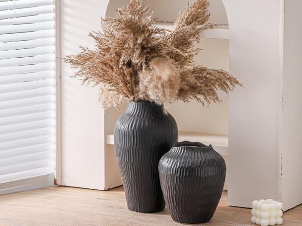 Elegant Black Ceramic Vase - Modern Minimalist Home Decor Vase, Centerpiece for Living Room, Dining Table, Office - 11.6 Inches Tall, Handcrafted Pottery for Farmhouse, Boho, Contemporary Style