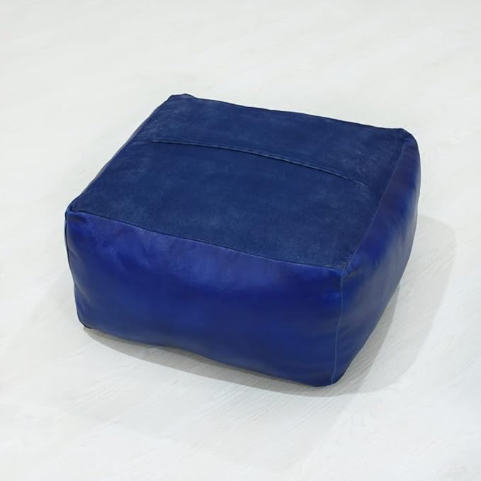 Square Shaped Goat Leather Handmade Eco-Friendly Blue Pouf - 21" x 21" x 12", Plain Solid, Recycled Foam with Fibre Fill Stuffed, Seating Pouf PF12