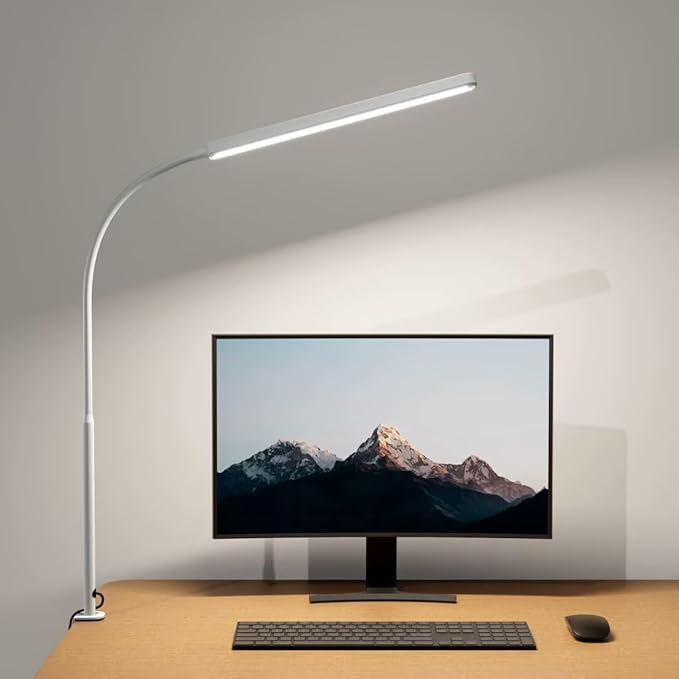 SUPERDANNY Eye-Caring LED Desk Lamp 360° Flexible Gooseneck Work Lamp with Desk Side Clamp Touch Control 3 Light Colors Smooth Dimming Task Lighting Reading Light for Home Office College Dorm, White