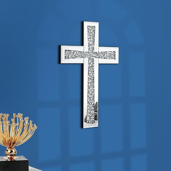 Aeveco Silver Mirrored Wall Cross 15×10 inch, Crystal Crush Diamond Cross for Wall, Living Room, Bedroom, Home Decor