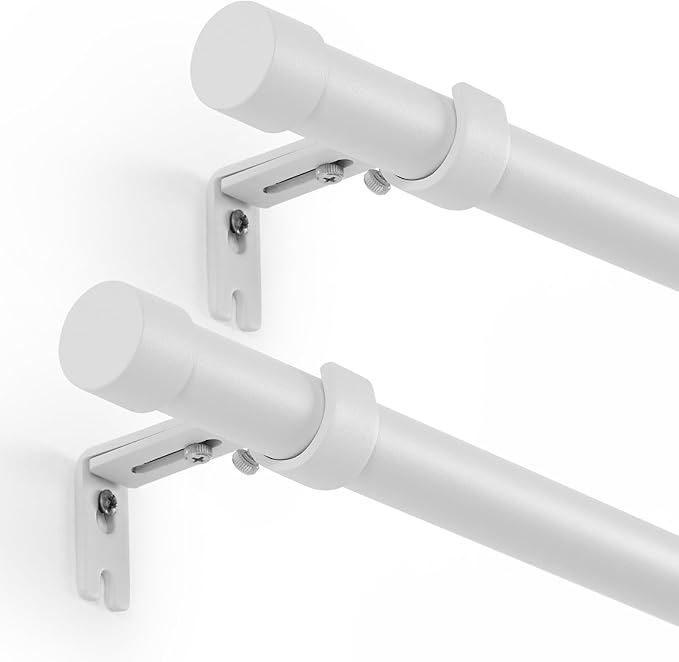 White Curtain Rods 2 Pack Set Adjustable 16-48 Inch Heavy Duty Telescoping 1 Inch Diameter Metal Window Rod with Extendable Mounting Brackets Matte White Finish Home Decor Easy Install