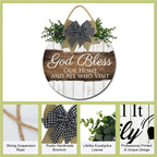 FemiaD God Bless This Home and All Who Enter Sign for Front Door Funny Wreaths Hanging Wooden Plaque Decoration Round Rustic Wood Farmhouse Porch Decor for Home Front Door Decor 11inch